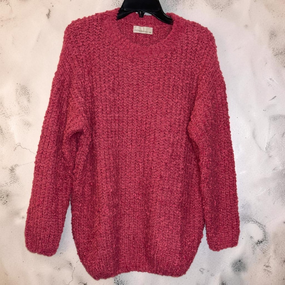 Zenana Magenta Pink Popcorn Knit Crew Neck Sweater Oversized Large TW-2504Y